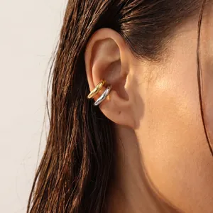 Zweifarbige Gold Silber Edelstahl Ohrklemmen Ohne Piercing Doppelring Ohrknorpel Ohrringe Für Damen Minimalistischer Schmuck