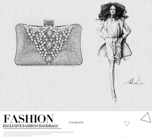 Detailed sketch of luxury pearl and rhinestone evening clutch bag with V-shaped design