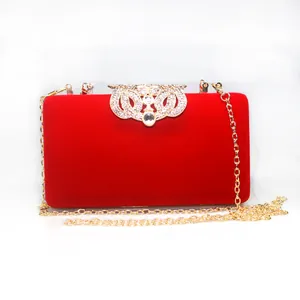 Luxury red velvet clutch bag with exquisite crown rhinestone clasp and long gold chain