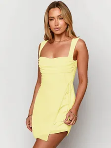 Elegant pale yellow square neck wrap dress with side slit and tie-waist detail for women