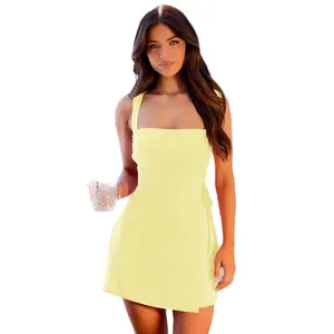 Y2K square neck slit tie strap mini dress with slim fit A-line silhouette