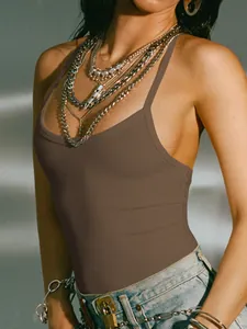 Close-up detail of a women's brown ribbed backless camisole with sexy spaghetti straps