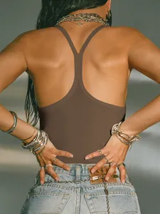 Close-up of the sexy backless design on a brown ribbed racerback tank top for women