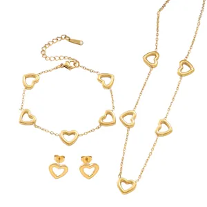 Detailed view of gold stainless steel heart jewelry set components on white background