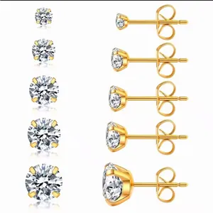 Minimalist Stainless Steel Rhinestone Stud Earrings For Women Men 4-Claw Round Piercing Jewelry Waterproof Non-fading Earrings