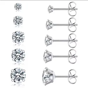 Side and front view of five sizes of round zircon 4-claw stainless steel stud earrings