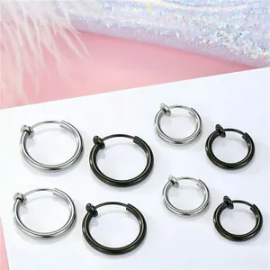 Detailed display of various sizes and colors of minimalist stainless steel clip-on hoop earrings.