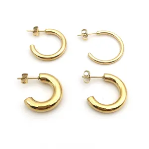 Minimalist Stainless Steel C-Shaped Hoop Earrings For Women Chunky Round Geometric Stud Earrings Vacuum Electroplated Fashion Jewelry