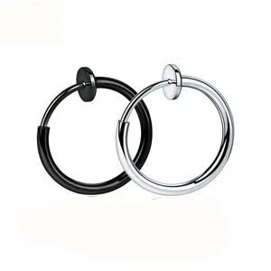 Pair of black and silver stainless steel clip-on hoop earrings for men and women