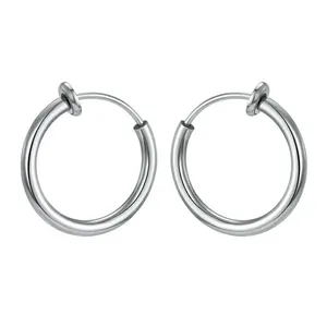 Polished silver stainless steel spring clip-on hoop earrings for non-pierced ears unisex