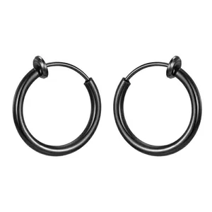 Minimalist black stainless steel non-pierced hoop earrings fake clip on jewelry for men and women