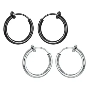 Set of black and silver stainless steel non-pierced hoop earrings for men and women
