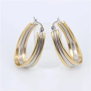 Women Oval Triple Layer Hoop Earrings Stainless Steel Three-in-One Gold Silver Tri-Color U-Shaped Geometric Stud Earrings Fashion Jewelry