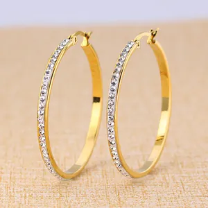 Fashion Stainless Steel Round Hoop Earrings For Women 18k Gold Plated Rhinestone Pave Exaggerated Circle Earrings Jewelry