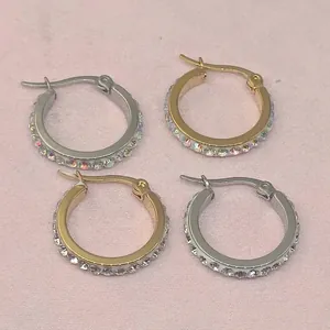 Mode Edelstahl Strass Creolen Für Damen Minimalistische Mikro-Pave Runde Kleine Ohrstecker Gold Silber Schmuck