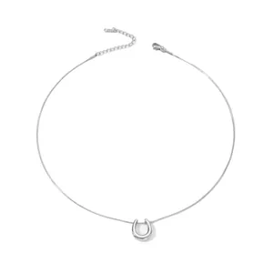 Macro view of a minimalist silver U-shaped titanium steel pendant jewelry necklace