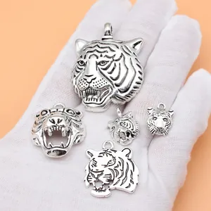 5pcs antique silver tiger head charms set for jewelry making DIY accessory crafts