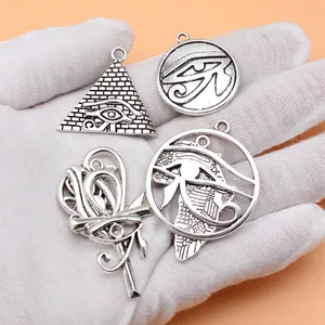 Silver Ancient Egyptian Horus Eye charms set featuring pyramids and ankh symbols