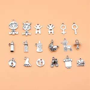 Baby Theme Alloy Charms DIY Jewelry Making Findings Antique Silver Milk Bottle Carriage Footprint Pendants Set For Handcraft