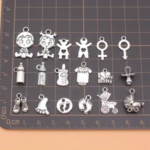 18pcs antique silver baby theme charms set including bottles and strollers for DIY jewelry making