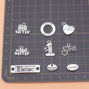 9er-Set antik silberne Sister-Charms für DIY-Schmuckherstellung und Anhänger