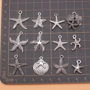 Set of 12 antique silver starfish and seashell charms for DIY jewelry making accessories