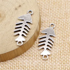 Vintage silver fishbone charms connectors for DIY jewelry making crafts, 31x12mm.
