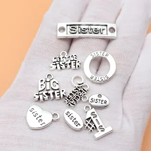 Set mit 9 antiken silbernen Sister-Anhängern für DIY-Schmuckherstellungsprojekte