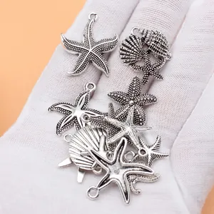 Antique silver starfish and seashell charms set of 12 for DIY handmade jewelry making