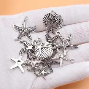 Antique silver starfish and seashell charms set for DIY jewelry making projects