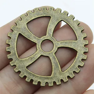Vintage bronze gear pendant for DIY jewelry making, 31mm diameter metal charm accessory