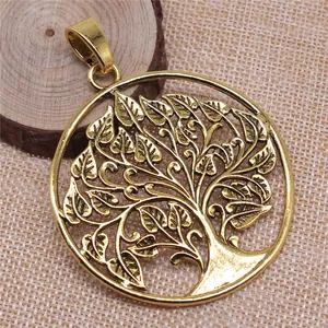 Grand pendentif Arbre de Vie en alliage doré pour bijoux DIY, breloque ronde 62x81mm