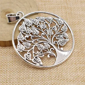 Grand Pendentif Arbre De Vie en Alliage Vintage Rond Ajouré Argent Antique Or Plaqué Charme DIY Accessoires Collier Bijoux Femme
