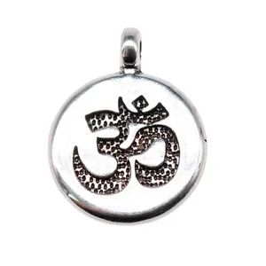 Silver-colored round OM symbol pendant for DIY jewelry making and necklaces.