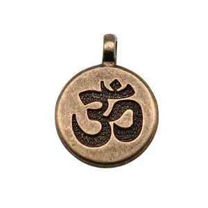 Antique bronze circular pendant with Hindu Om symbol for DIY jewelry making 19x15mm