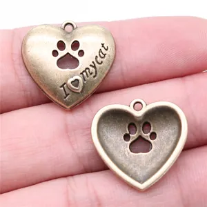 I Love My Cat Heart Pendant Hollow Paw Antique Bronze Silver Alloy Charms DIY Jewelry Making Animal Pet Theme Accessory