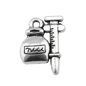 Antique silver medical syringe and vial charm pendant for DIY jewelry making 18x12mm