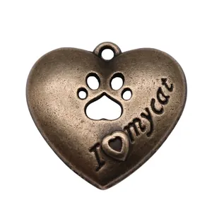 Antique bronze heart-shaped cat paw pendant necklace charm with 'I love my cat' engraving