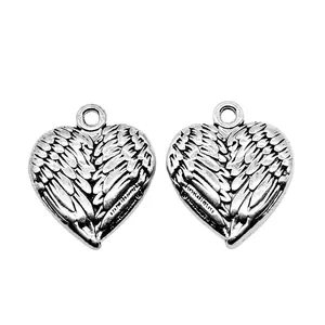 Antique silver heart pendants with 3D angel wings design for jewelry making 17x21mm
