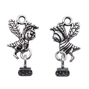 Ciondoli ape argento antico 19x12mm con vasetto di miele per creazione gioielli
