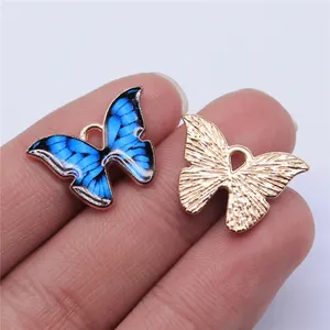 Breloques papillon en émail bleu pour fabrication de bijoux DIY avec dos doré