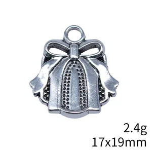 Antiksilberner Geschenkbox-Anhänger mit Schleife, Größe 17x19mm und Gewicht 2,4g