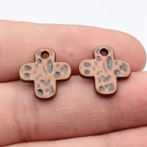 Set of two antique copper hammered cross pendants for DIY jewelry making and crafts