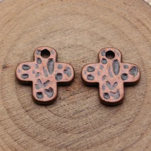 Antique copper hammered cross pendant for DIY jewelry making 17x16mm