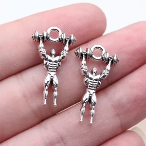 Antique Silver Zinc Alloy Double Sided Muscle Man Lifting Dumbbell Pendants For DIY Jewelry Making Vintage Fitness Charms