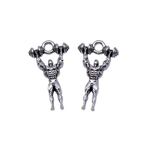 Antique silver muscular man lifting dumbbell pendant charms for DIY jewelry making