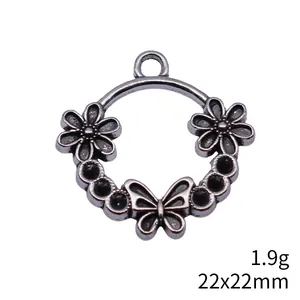 Antique silver alloy floral butterfly ring pendant for DIY jewelry making, 22x22mm
