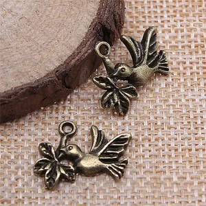 Antique bronze pigeon dove with olive branch pendant charms for DIY jewelry making crafts