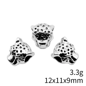 Antique silver leopard head charm bead with large hole for DIY jewelry, 12x11x9mm