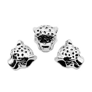 Set of three antique silver leopard head large hole beads for DIY jewelry making 12x11x9mm
